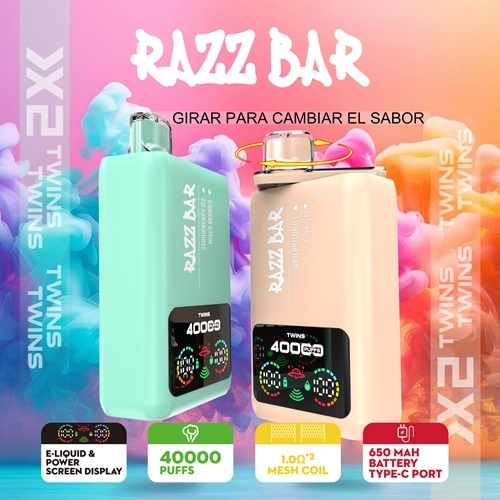 Two Razz Bar vaporizers labeled "Razz Bar," displayed against a vibrant background highlighting flavors and device features.