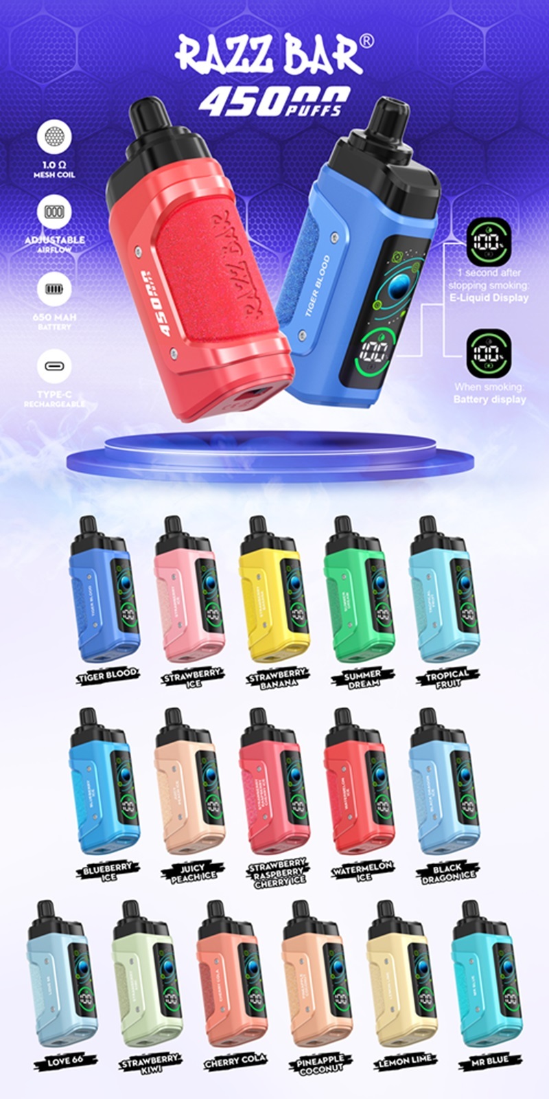 Razz Bar 45,000 Puffs Vape showing the 2 prominent flavors. Also showing the 16 flavors of the vape and the features of the vape.