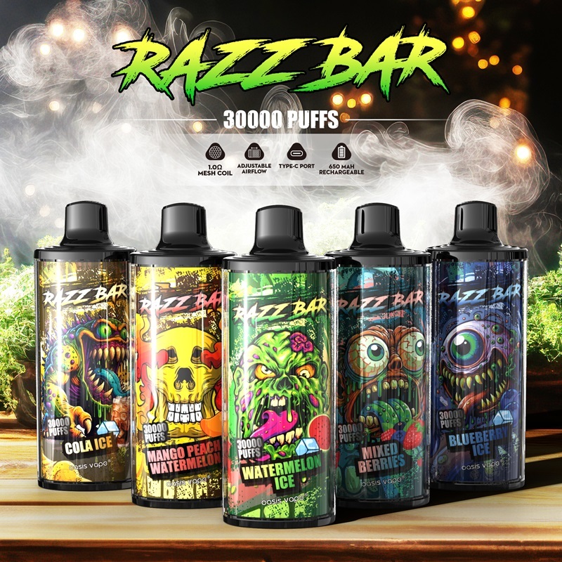 RazzBar 30000 Puffs Vape featuring the 5 flavors of the vape and showing the features of the vape.