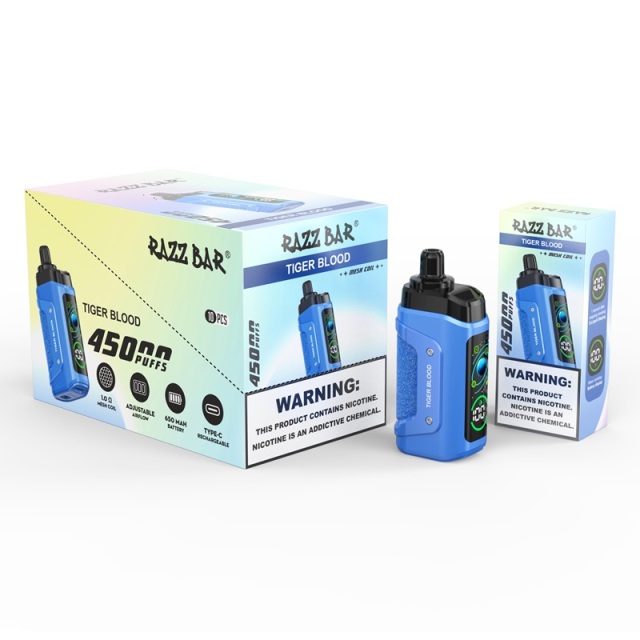 Razz Bar 45,000 Puffs Vape in flavor, tiger blood featuring the vape and the box of the vape.