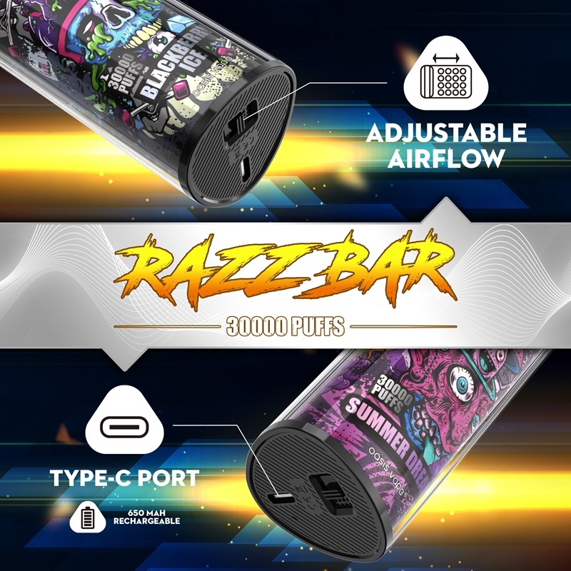 Razz Bar vape tank with adjustable airflow, featuring Blackberry Ice and Summer Dream flavors, highlighting its design and features.