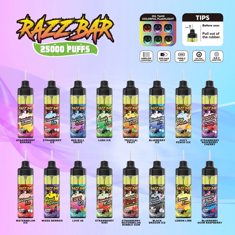 Display of Razz Bar 25K Puffs Vape flavors, highlighting features and tips for effective use of the e-liquid.
