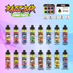 Display of Razz Bar 25K Puffs Vape flavors, highlighting features and tips for effective use of the e-liquid.