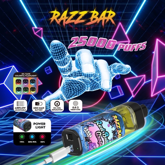 Razz Bar 25K Puffs Vape in Red Bull Grape flavor, showcasing features and usage tips in a vibrant, musical setting.