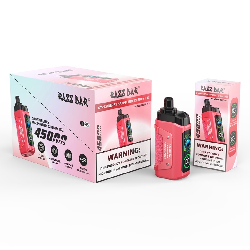 Razz Bar 45,000 Puffs Vape in flavor, strawberry raspberry cherry ice featuring the vape and the box of the vape.