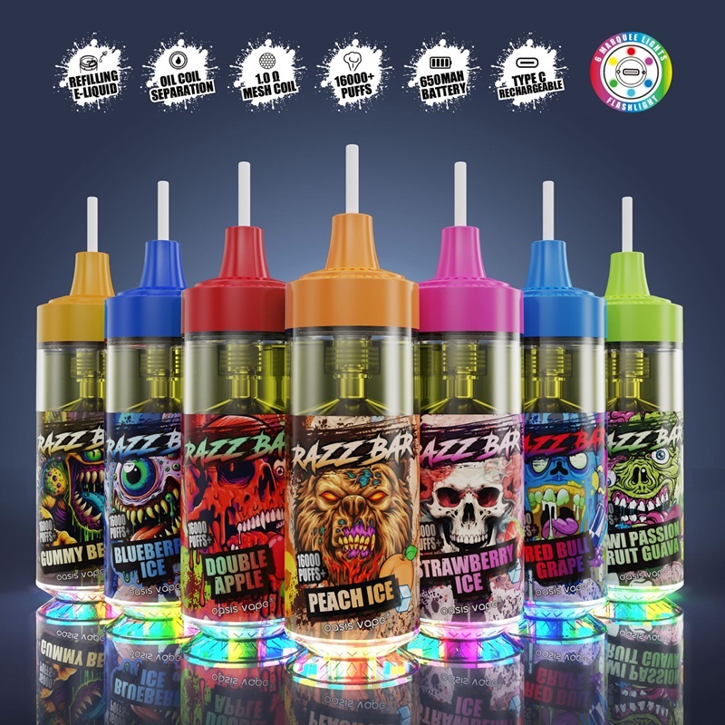 Seven vibrant vapes from Razz Bar 16K Puffs Vape, highlighting different flavors and product features.