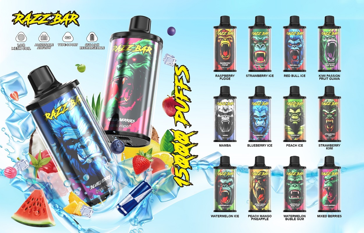 The Razz Bar 15K puffs vape showcases the flavors amidst a vibrant, fruity background.