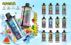 The Razz Bar 15K puffs vape showcases the flavors amidst a vibrant, fruity background.