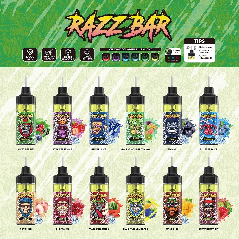 Razz Bar vape in fruit punch flavor, showcasing 30ml size and features, designed for 12K puffs.