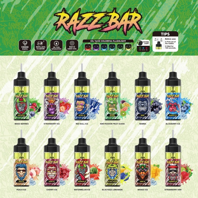 Razz Bar vape in fruit punch flavor, showcasing 30ml size and features, designed for 12K puffs.