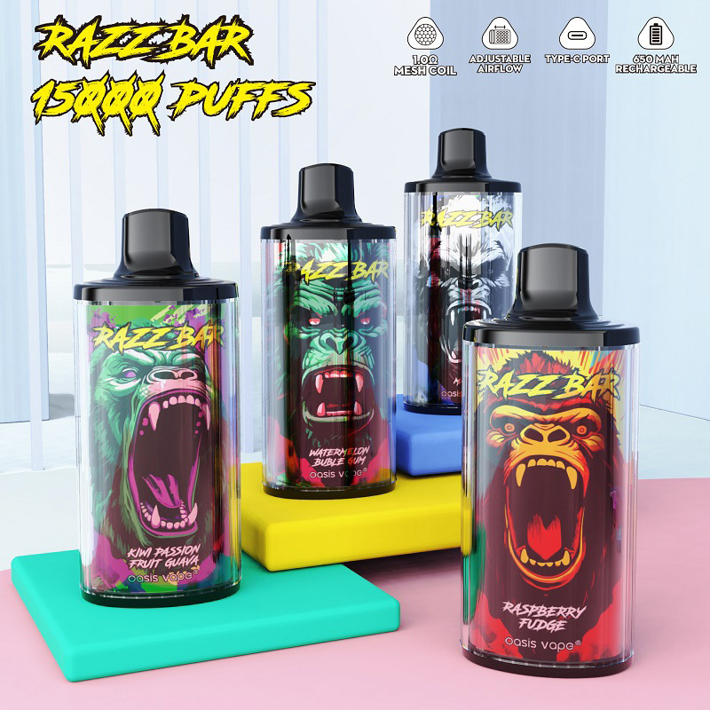 Razz Bar 15K puffs vape display featuring four flavors and it features.