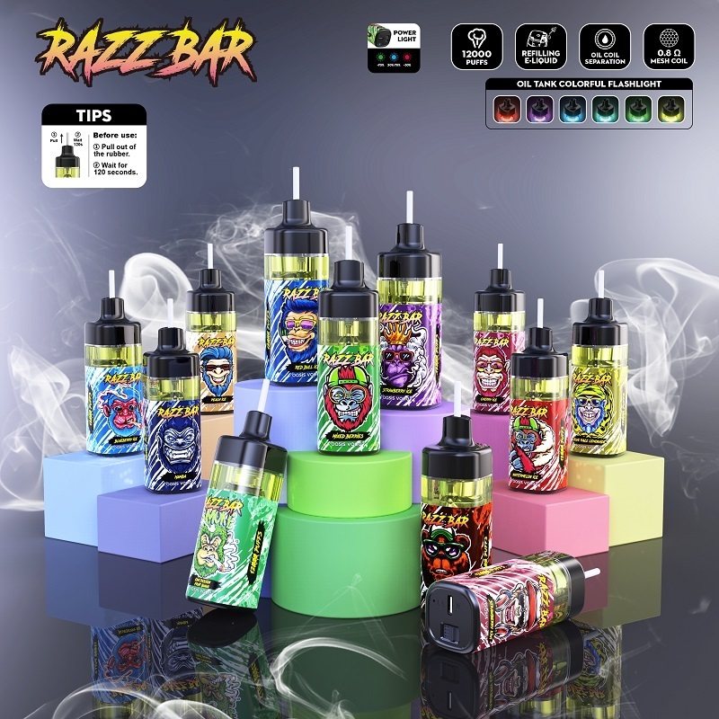 Razz Bar 12K puffs vape display featuring various flavors, product features, and usage tips.