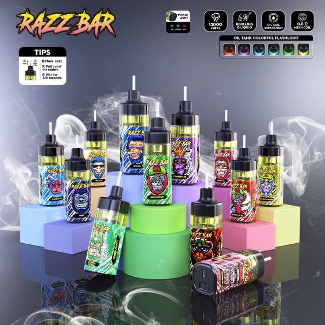 Razz Bar 12K puffs vape display featuring various flavors, product features, and usage tips.