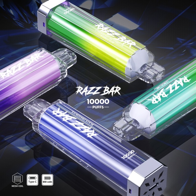 Razz Bar Crystal vape in various flavors, arranged on a reflective surface, highlighting its colorful design and features.