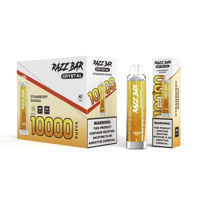 Razz Bar crystal 10K vape with 1000ml e-liquid, highlighting strawberry banana flavor on its packaging.
