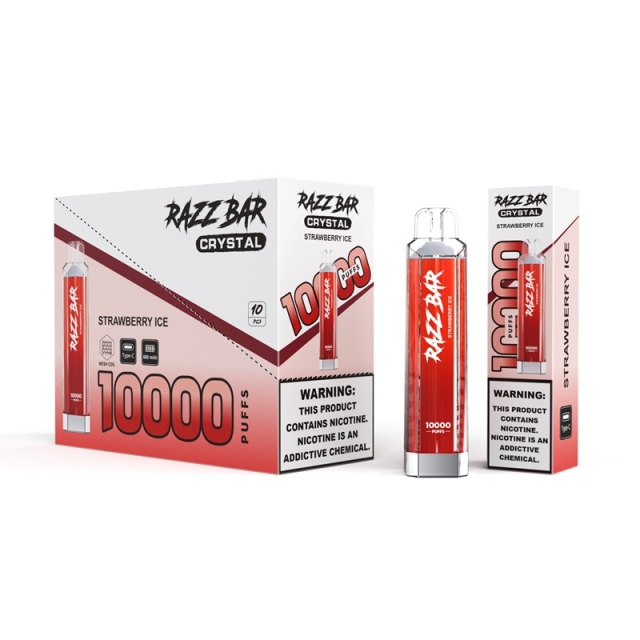 Razz Bar crystal 1000ml vape packaging featuring strawberry ice flavor, showcasing the product design and branding.
