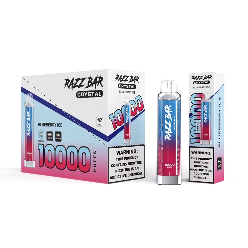 Razer Crystal 1000ml e-liquid packaging for Razz Bar vapes, featuring blueberry ice flavor and vibrant design.