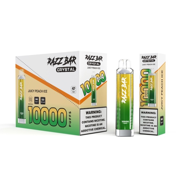 Razz Bar crystal 1000ml vape packaging featuring juicy peach ice flavor, showcasing the product design and branding.
