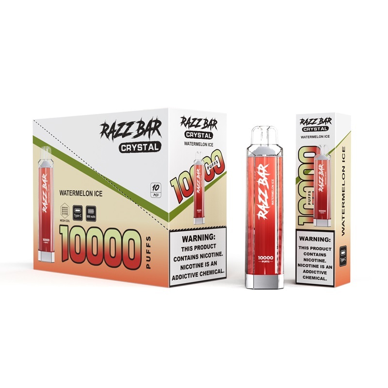 Razz Bar Crystal 1000ml e-liquid quantity vape device and box, highlighting watermelon ice flavor for 10K puffs.