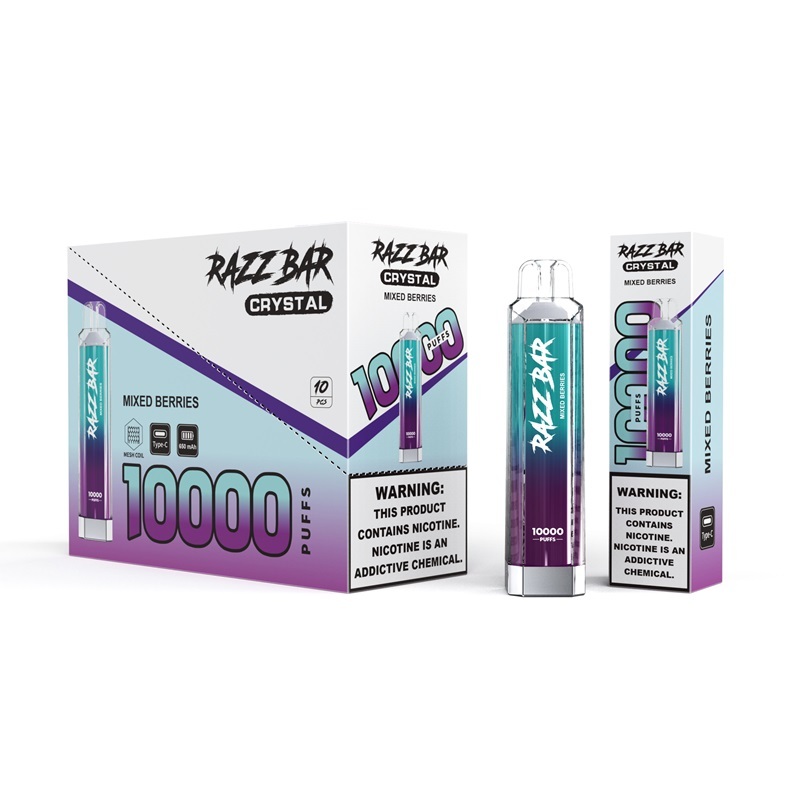 Razer Crystal 1000ml e-liquid packaging featuring mixed berries flavor for Razz Bar crystal 10K vapes.