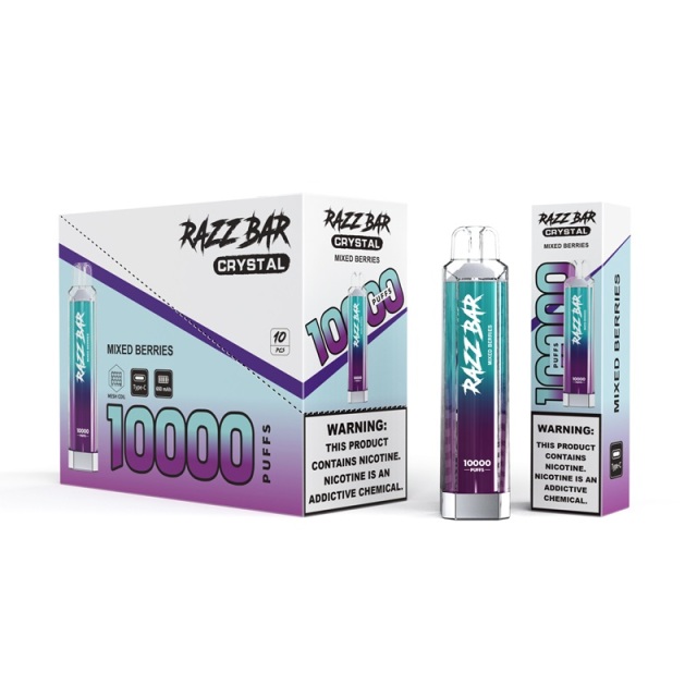 Razer Crystal 1000ml e-liquid packaging featuring mixed berries flavor for Razz Bar crystal 10K vapes.