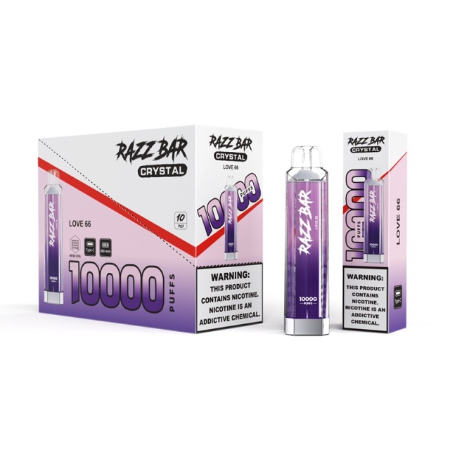 Razz Bar crystal 1000ml vape packaging showcasing Love 66 flavor with a sleek design and vibrant colors.