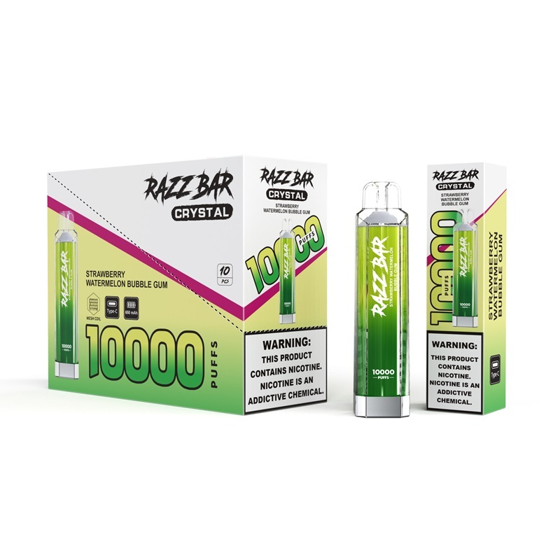 Razz Bar crystal 1000ml vape with packaging showcasing a blend of strawberry, watermelon, and bubblegum flavors.