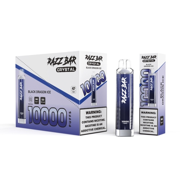 Razz Bar crystal 1000ml vape with Black Dragon Ice flavor, highlighting the sleek packaging and vibrant branding.