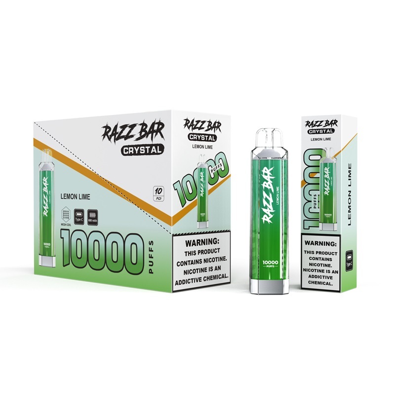 Razz Bar Crystal 1000ml vape showcasing the device and packaging, highlighting lemon lime flavor.