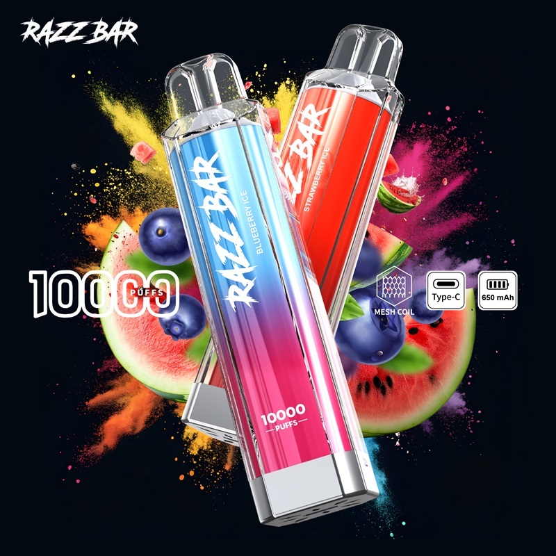 Razz Bar 100ml e-liquid in watermelon and blueberry flavors, featuring two vape types and their specifications.