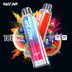 Razz Bar 100ml e-liquid in watermelon and blueberry flavors, featuring two vape types and their specifications.