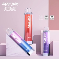 Razz Bar Crystal vape display featuring three flavors and types, highlighting its 100,000ml e-liquid capacity and 10K puffs.
