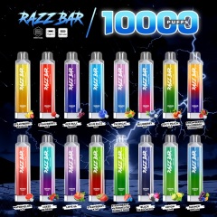 Razz Bar 100ml e-liquid displayed with various vape types, flavors, and features, highlighting its 10K puffs capacity.