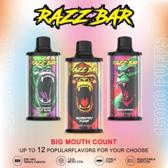 Razz Bar 15K puffs vape display featuring three vapes, showcasing different flavors and key product features.