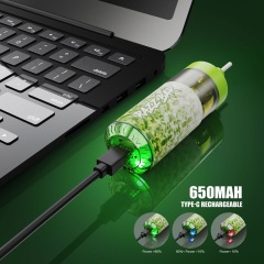 A laptop displaying a green charging light alongside a charger, with a Razz Bar 16K Puffs Vape highlighting its battery features.