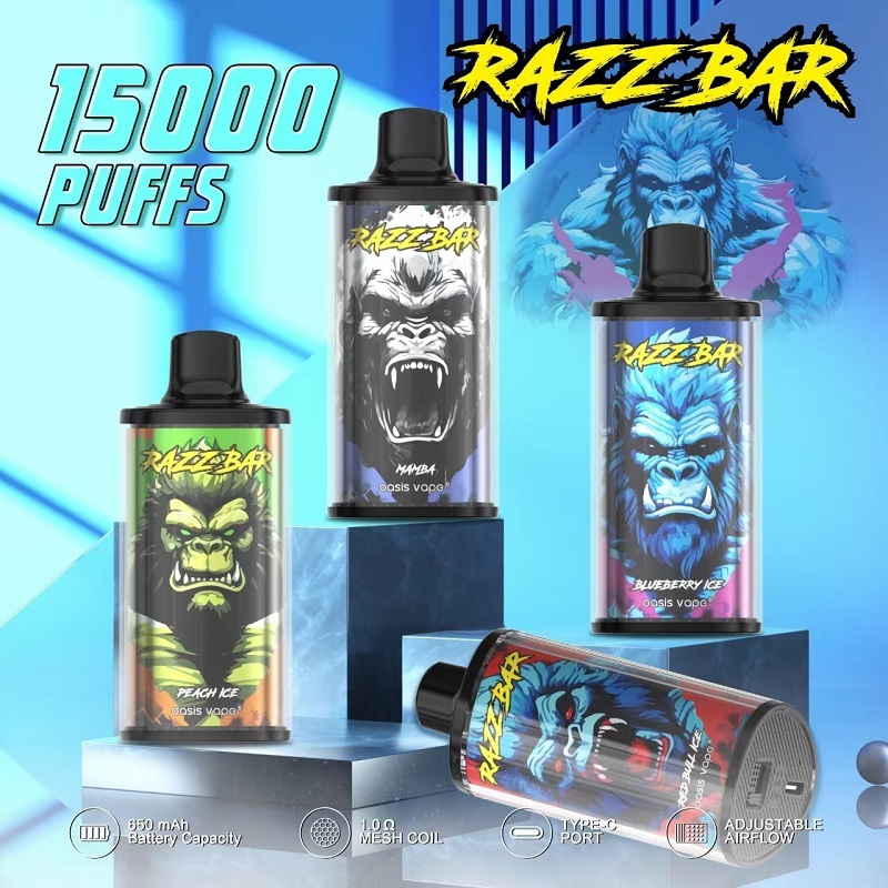 Razz Bar 15K puffs vape with four flavor options and highlighted features of the vape.