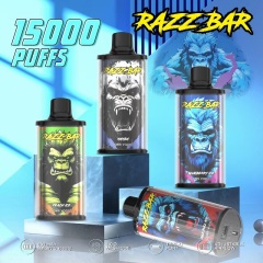 Razz Bar 15K puffs vape with four flavor options and highlighted features of the vape.