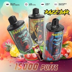 Razz Bar 15K puffs vape display featuring three vapes with various flavors and highlighted product features.