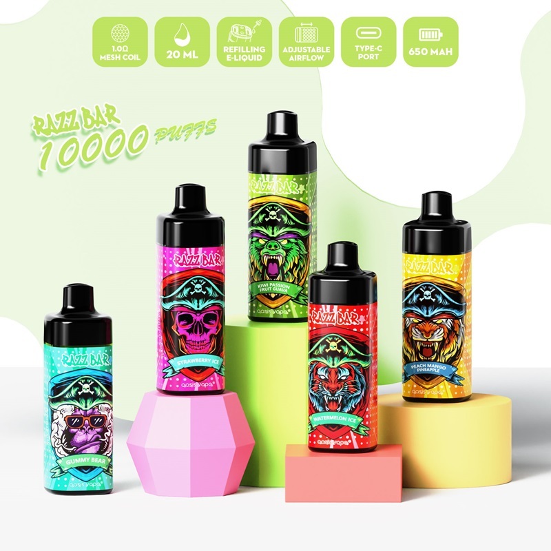 Razz Bar 10K puffs vape featuring five distinct e-liquid flavors, each with its own unique characteristics.