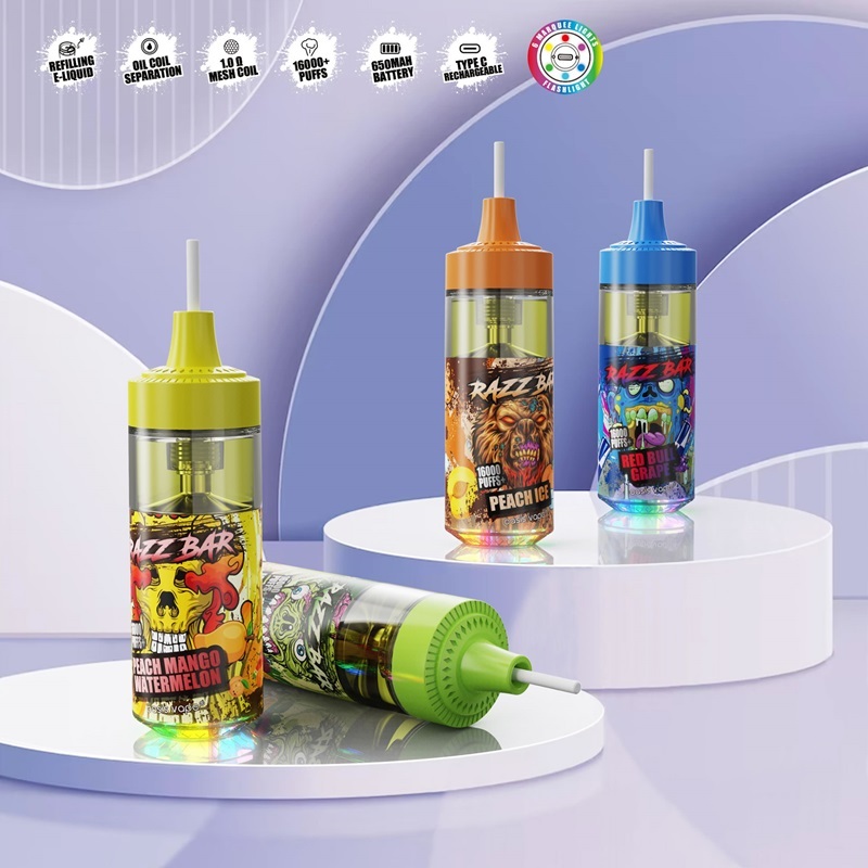 Three distinct vapes, featuring Razz Bar 16K Puffs Vape with various flavors and design elements.