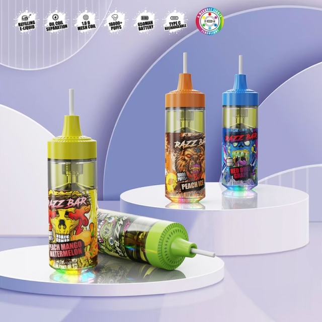 Three distinct vapes, featuring Razz Bar 16K Puffs Vape with various flavors and design elements.