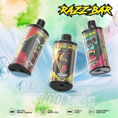 Razz Bar 15K puffs vape display featuring three flavors with vibrant colors and a water splash background.