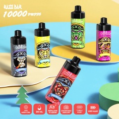 Five varieties of Razz Bar 10K puffs vape e-liquids showcased, highlighting diverse flavors and product features.