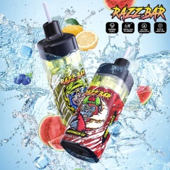 Watermelon juice bottle with a cartoon character, next to Razz Bar vapes showcasing watermelon ice and blue razz lemonade flavors.