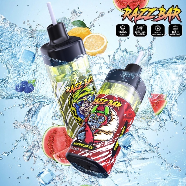 Watermelon juice bottle with a cartoon character, next to Razz Bar vapes showcasing watermelon ice and blue razz lemonade flavors.