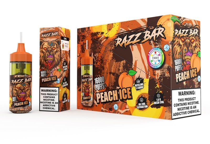 Razz Bar Peach Ice vape displayed in its colorful packaging, emphasizing the peach flavor.