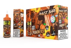 Razz Bar Peach Ice vape displayed in its colorful packaging, emphasizing the peach flavor.