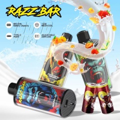 Razz Bar e-liquid with a milk splash, soda can, and three vape flavors displayed among vibrant fruits.