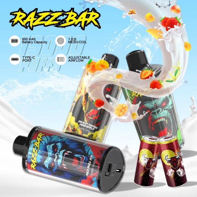 Razz Bar e-liquid with a milk splash, soda can, and three vape flavors displayed among vibrant fruits.