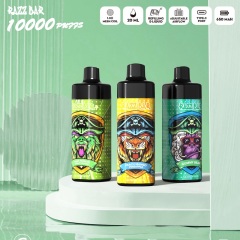 Three e-liquid bottles with unique designs, showcasing Razz Bar 10K puffs vape in various flavors and features.
